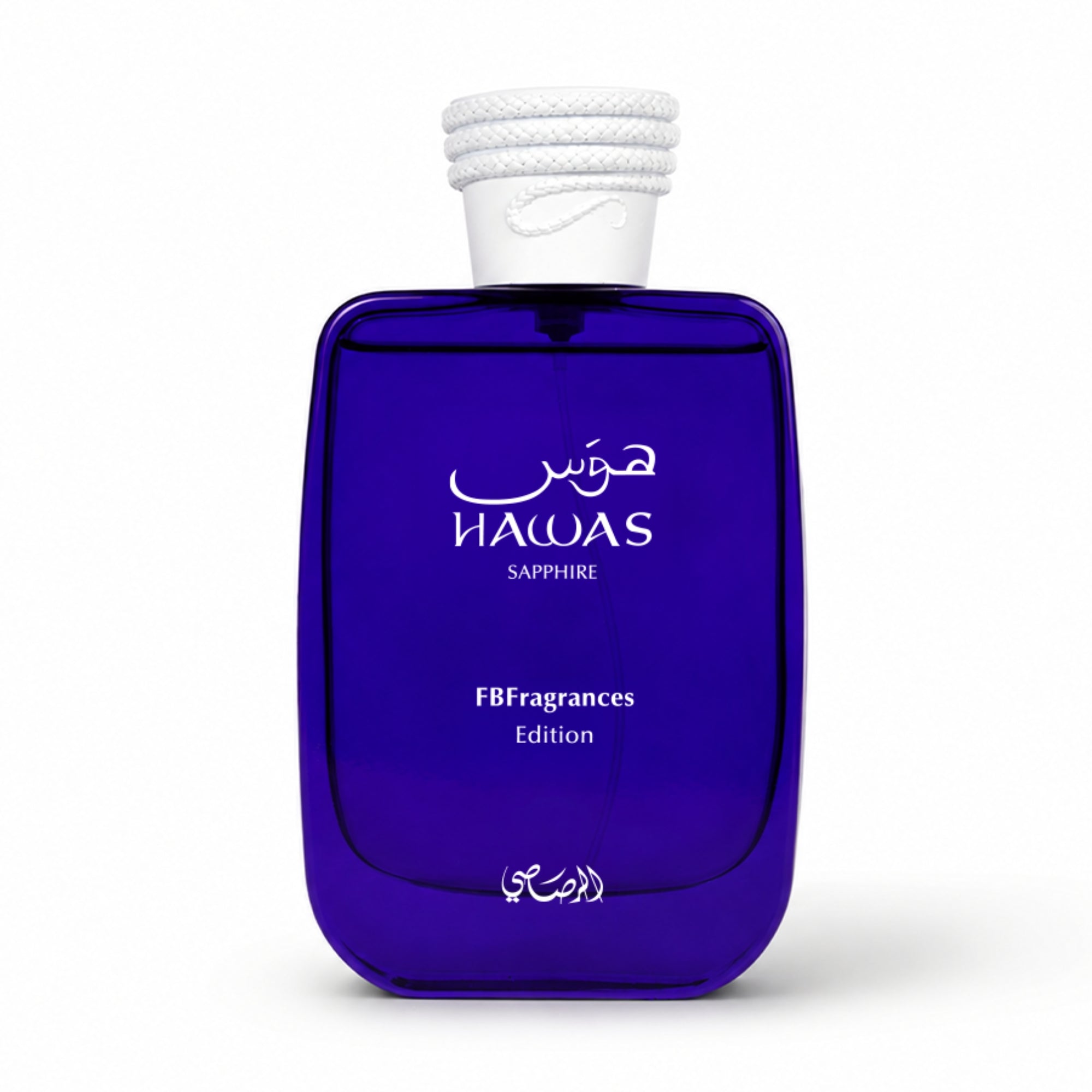 Rasasi Hawas Sapphire 100ml · FBF Edition fragrance bottle for him — bergamot • orange blossom • ambergris